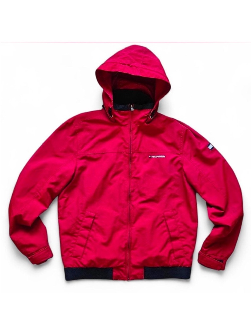Tommy Hilfiger Men's Red Hooded Jacket size small red and navy bomber